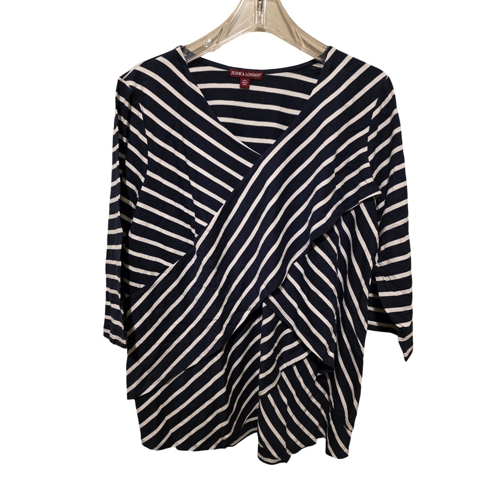 Jessica London Women Sz 18/20 Navy White Stripe Wrap Front 3/4 Sleeve Top Beachy